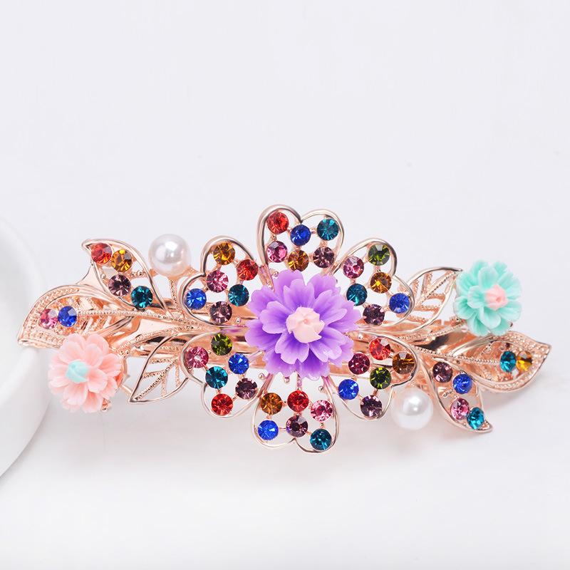 Clip de Primavera de Circonita Blanca Flor de Pedrería Brillante Clip Superior Clip Horizontal Elegante Adorno para el Cabello de Moda para Madres