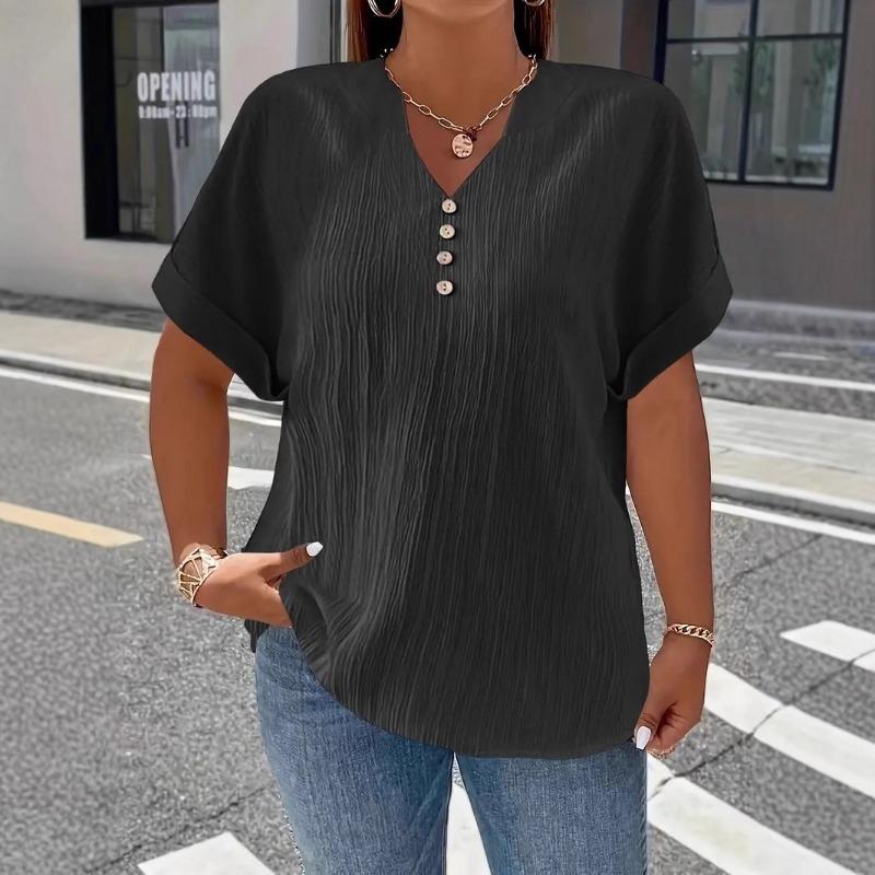 V Neck Casual Simple Summer Blouse Large Size Short Sleeve Fashion Elegant Buttons Shirts Ladies Solid Color Office Tops Elegant Sweet Clothing