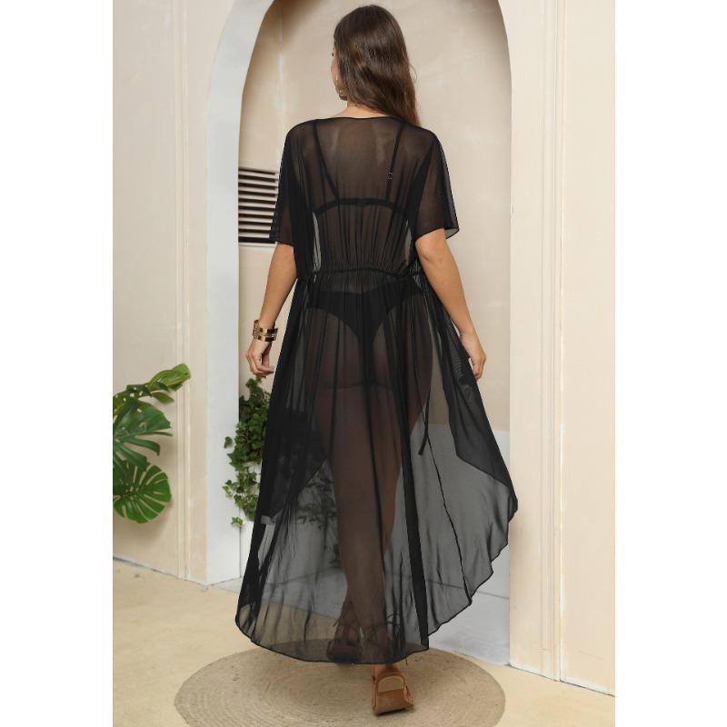 Sonnenschutzjacke für Damen in Übergröße, sexy Netz-Taillenbindung, unregelmäßiger Strand-Bikini-Überzug