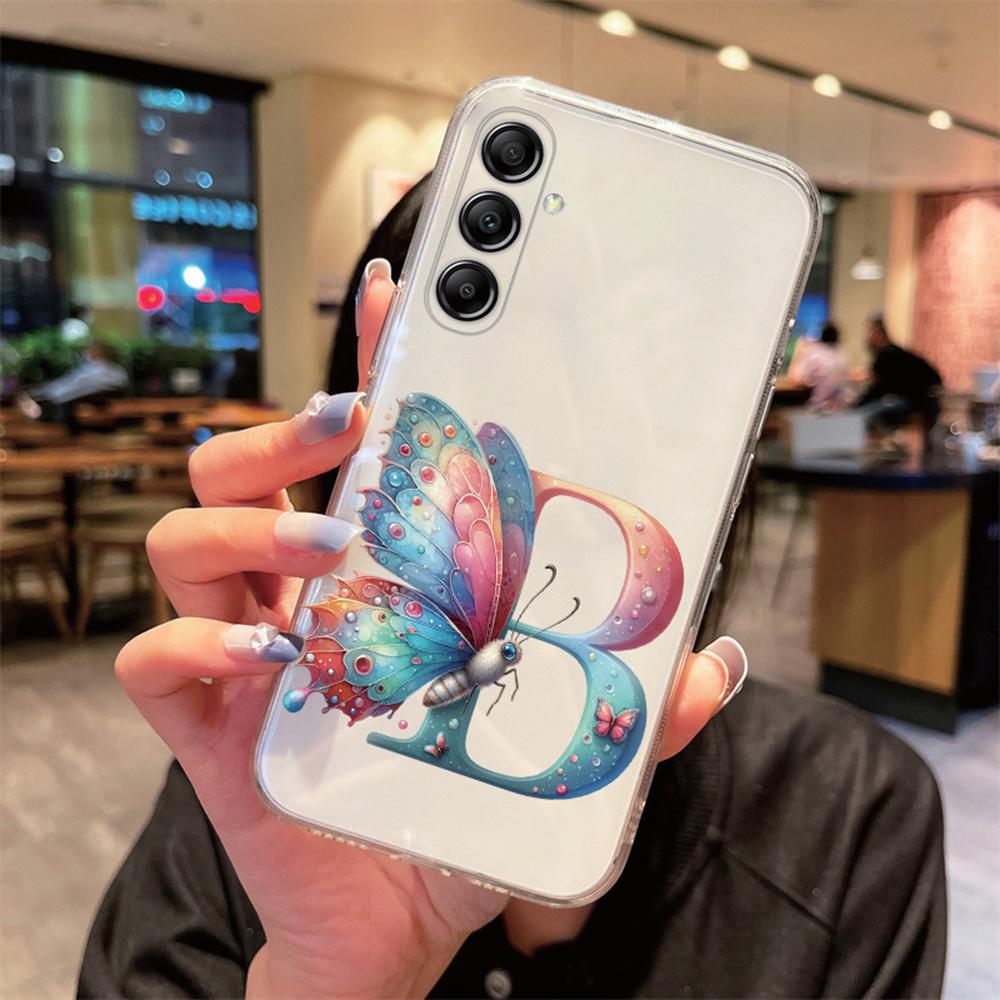 For Samsung Galaxy A54 A14 A34 A24 Blue Butterfly Flower Letters A-Z Couple Phone Case Transparent Clear Silicone Bumper Cover