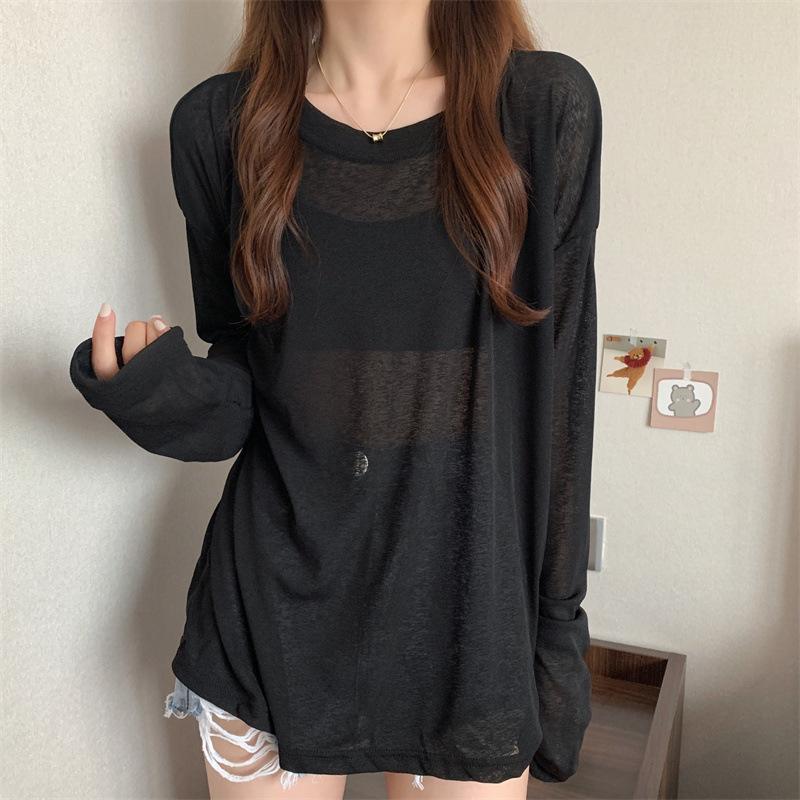

Women s Summer Plus Size Thin Mesh Sunscreen Clothing Long Sleeved Casual Loose T-shirt XS синій