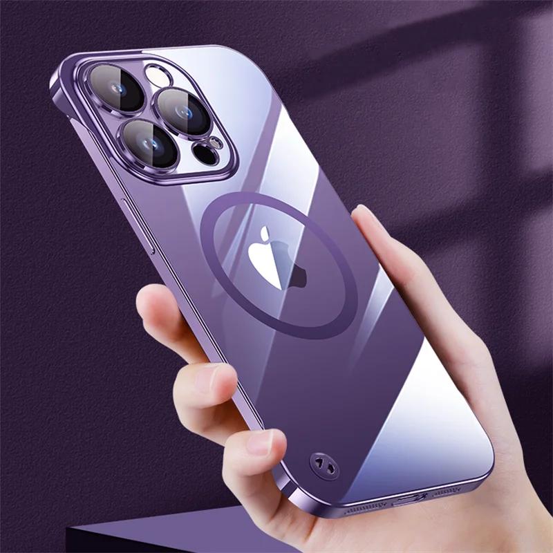 Luxury Plating Frameless Magnetic For Magsafe Thin Case For iPhone16 17 13 15 Pro Plus Max Wireless Charging Clear Slim PC Cover