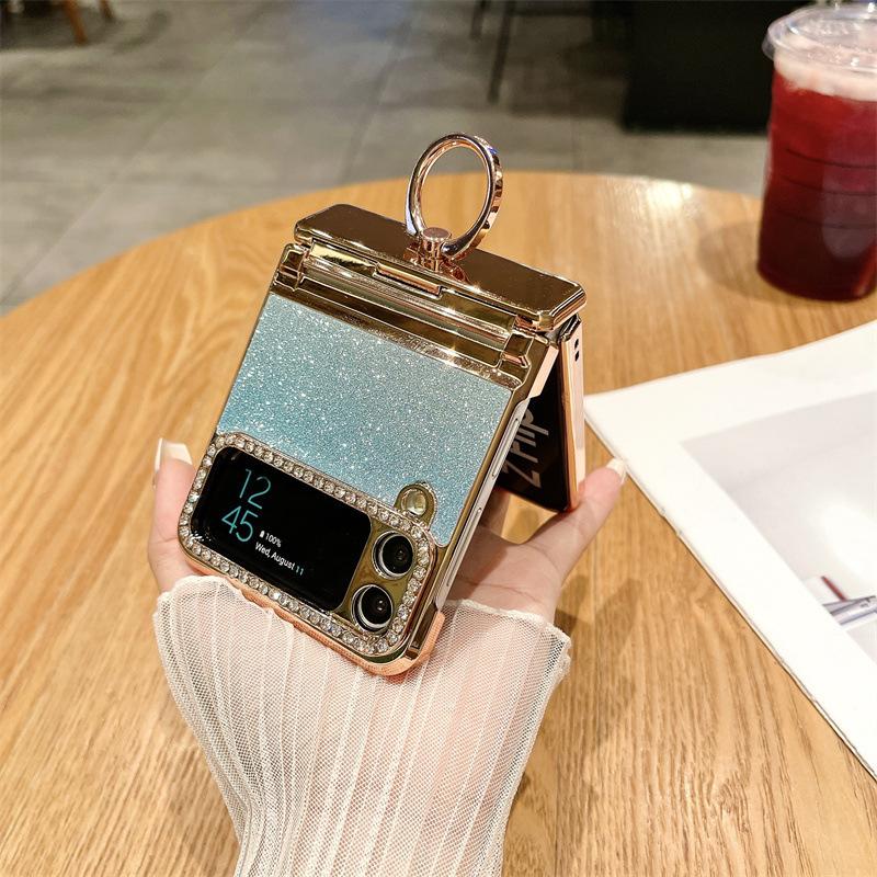 Applicable To Samsung Zflip4 Mobile Phone Case Zflip3 Folding Screen Diamond Glitter All-Inclusive Anti-Drop Protective Leather Case