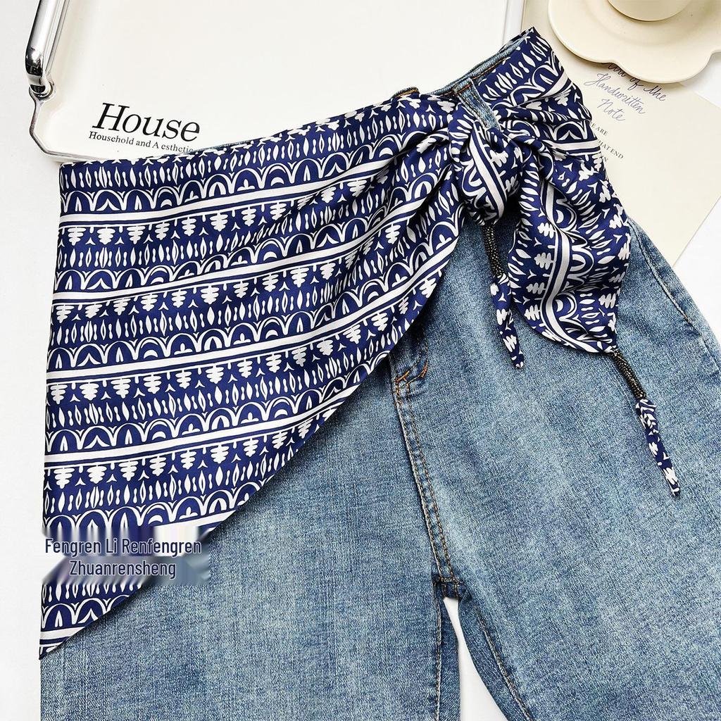 Všestranný etnický hedvábný šátek: Dámský pásek na zavazování v pase, trojúhelníkový pásek a cestovní doplněk