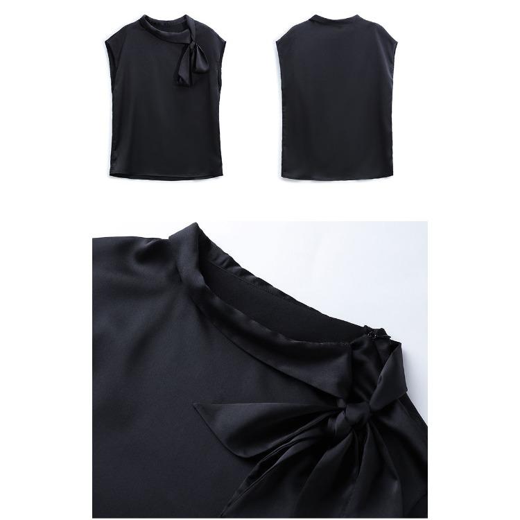 Black Chiffon Summer Blouse Women Sleeveless Bow Tie Slim Fit Casual Elegant Stylish Top
