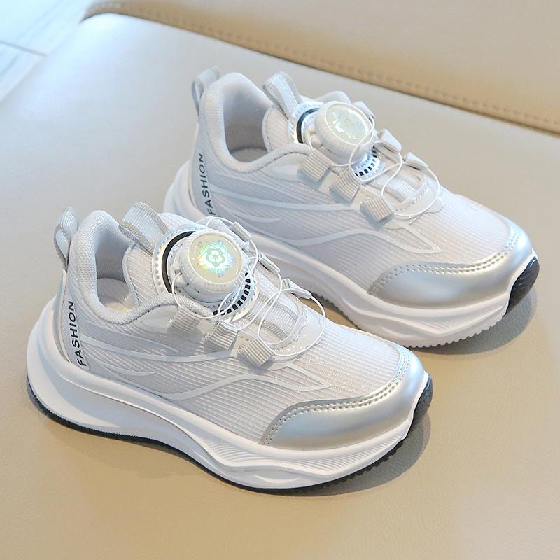 Children's Sneakers2026Spring and Autumn Boys' White Sneakers with Rotating Buttons, Girls' Running Shoes, Soft-Soled Baby Casual Mesh Shoes