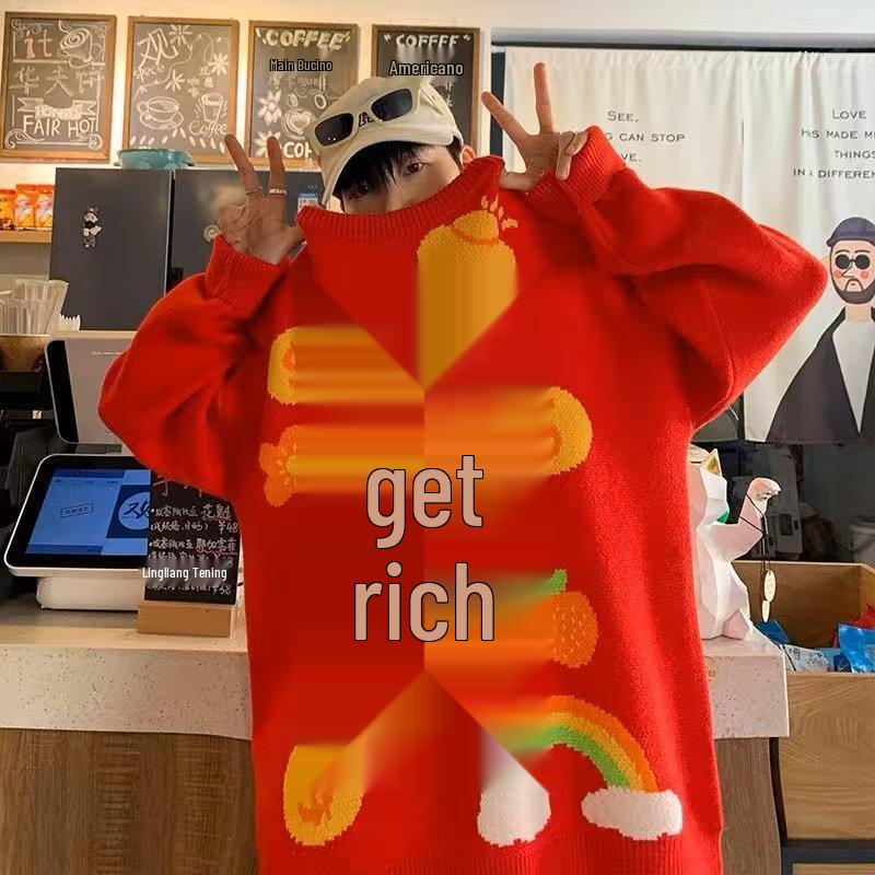 

Guochao Men s Red Sweater: Trendy, Loose-Fit, Chinese-Style Knitted Pullover for Autumn/Winter, Ideal for Festival Couples XL красный