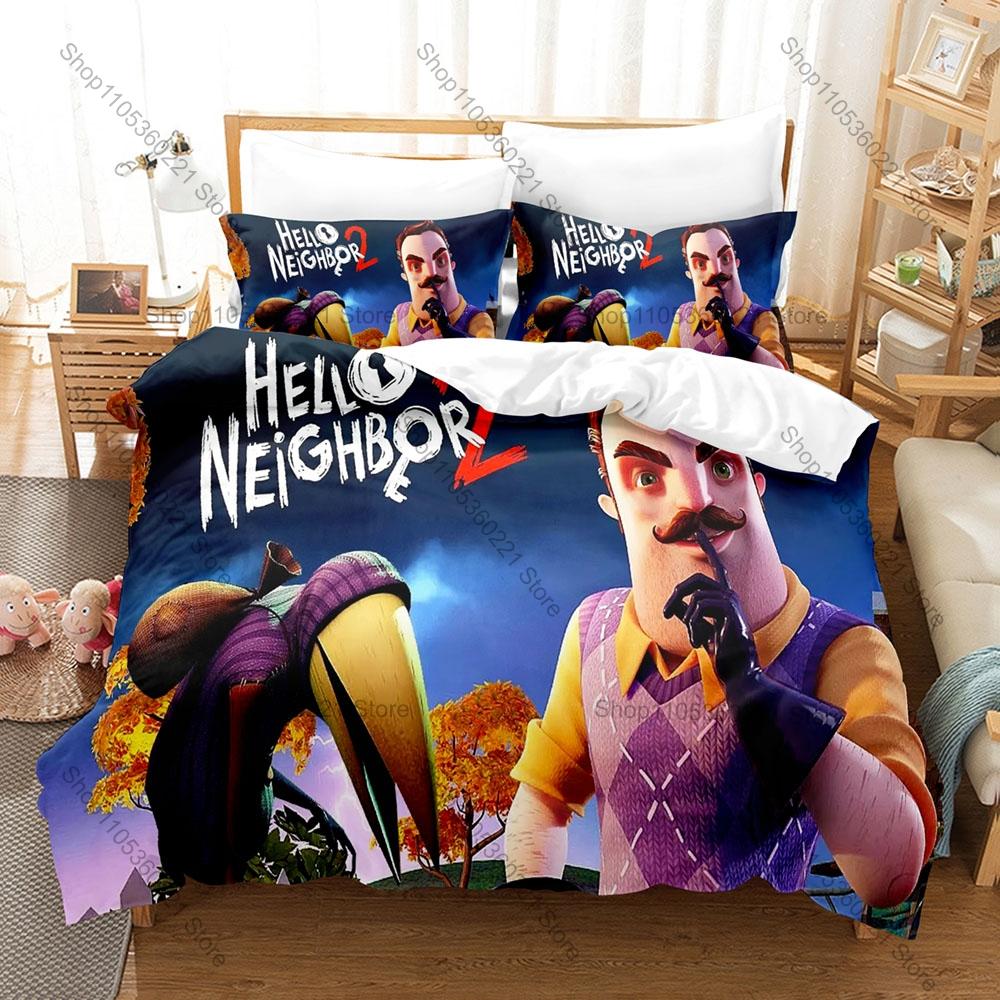 Strašidelný Mystery Hello Neighbor 2 Hra Potisk Povlak na peřinu + 2 Povlaky na polštář Měkké Mikrovlákno Teenagerovský Herní Pokoj Ložní prádlo