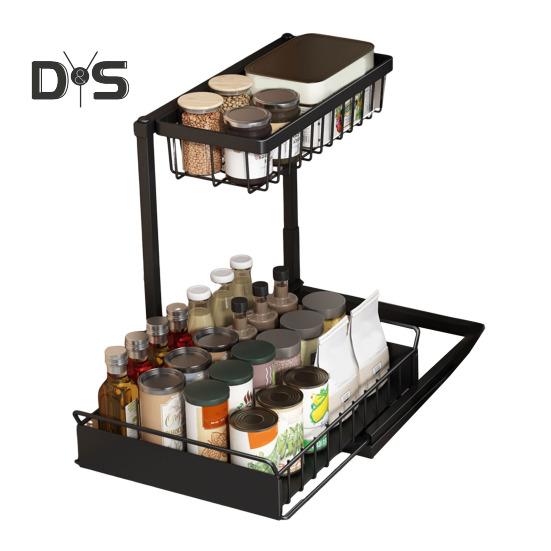 Under Sink Organizer with Sliding Drawer L-Shaped Carbon Steel Storage Rack Rust-Proof Under Sink Rack for Kitchen Bathroom Clutter