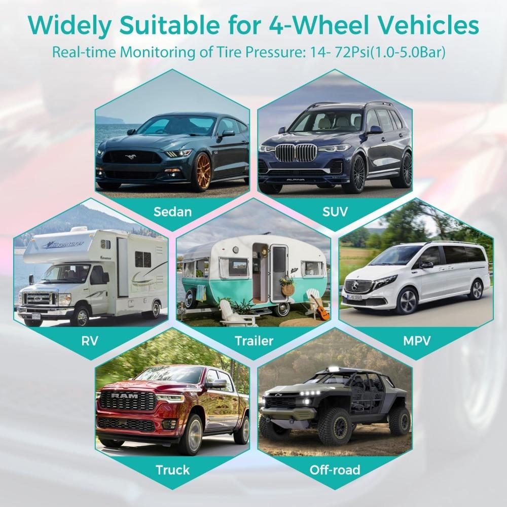 Universal Solar-Powered TPMS with LCD Display - External/Internal Sensors, IPX7 Waterproof, Real-Time Monitoring System