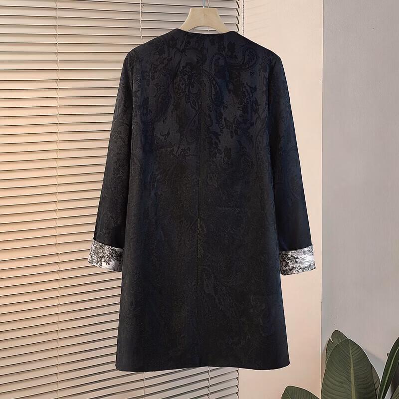 Women's Retro V-Neck Jacquard Frog Button Mid-Length Coat