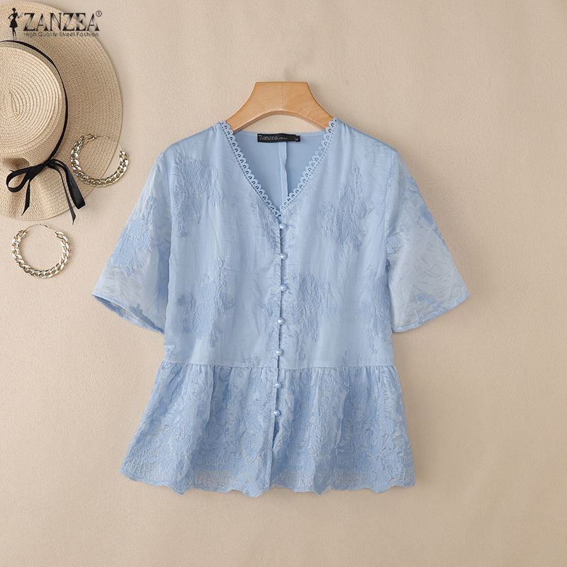ZANZEA Women Elegant Embroidery Lace Patchwork Casual V-Neck Short Sleeve Blouse