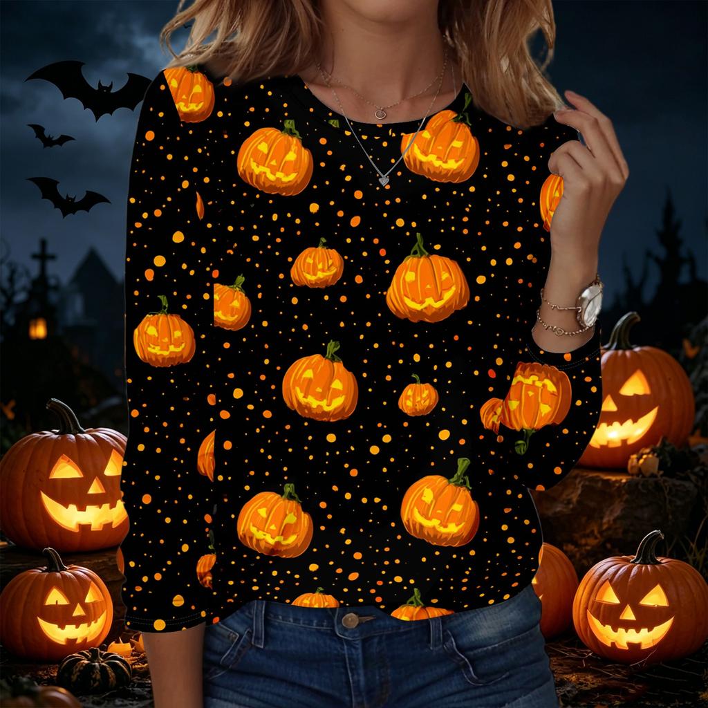 Women's Halloween Print Crew Neck Long Sleeve Pullover Sweatshirt Casual Fit Lightweight Top for Seasonal Wear