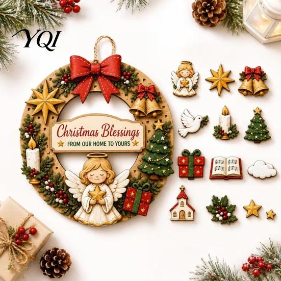 Christmas Party Wall Accents Interchangeable Wooden Wreath, 12 Pcs Front Door Plaque, DIY Decorative Wreath for Entrance Handmade Pattern Hanging
