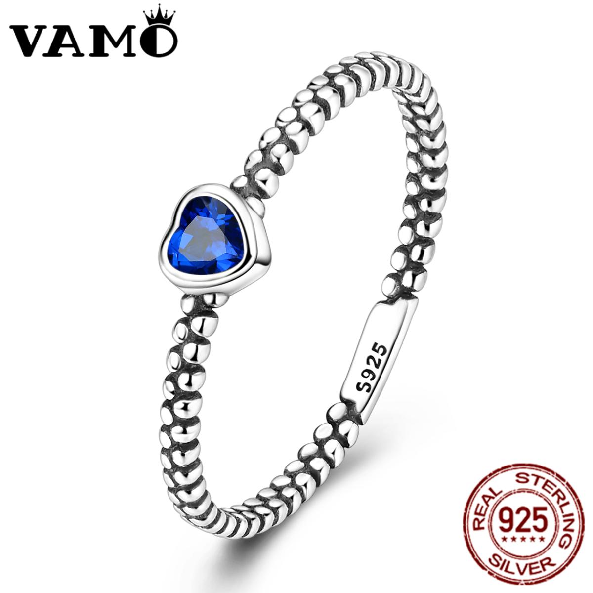 

VAMO Original 925 Silver Woman Ring Vintage Dew Pearl Blue Heart Rings Sparkling Wedding Ring Girls Jewelry Anniversary 6