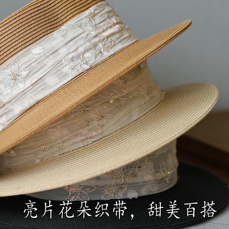 Sweet sequined flower webbing flat top top hat fashion travel vacation shade spring and summer sun protection straw hat woman
