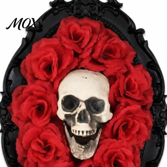 Decorative Gothic Skull Frame Halloween Wall Decoration, Vintage Red Rose Sculpture, Artistic Decor with Roses Horror Spider Web Art Ornament