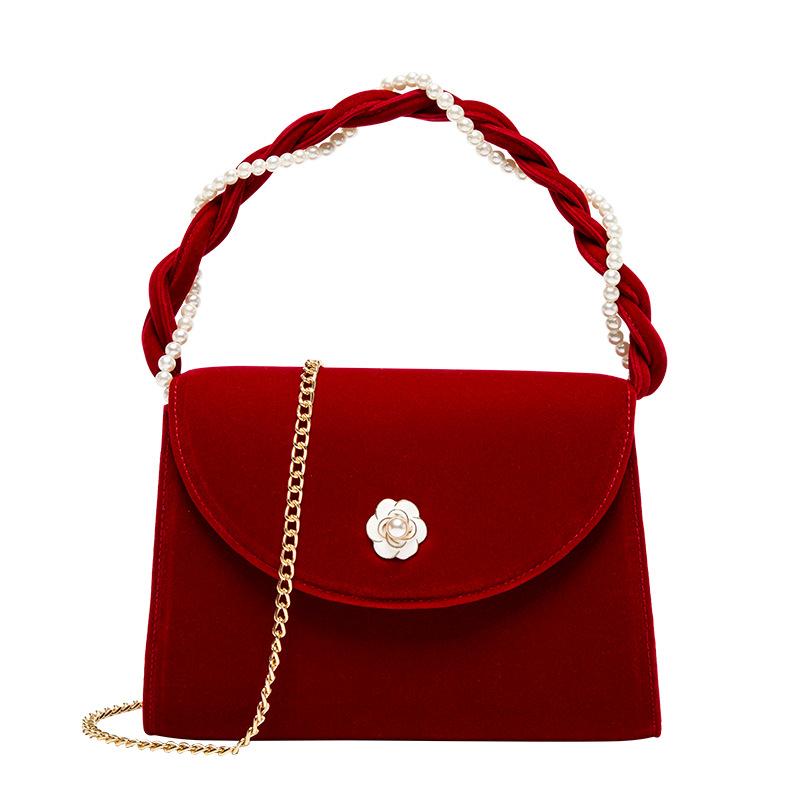 Red Wedding Bag for Women, High-end and Niche Wedding Bag, Camellia Hand-held Women's Bag, Stylish Bride Bag