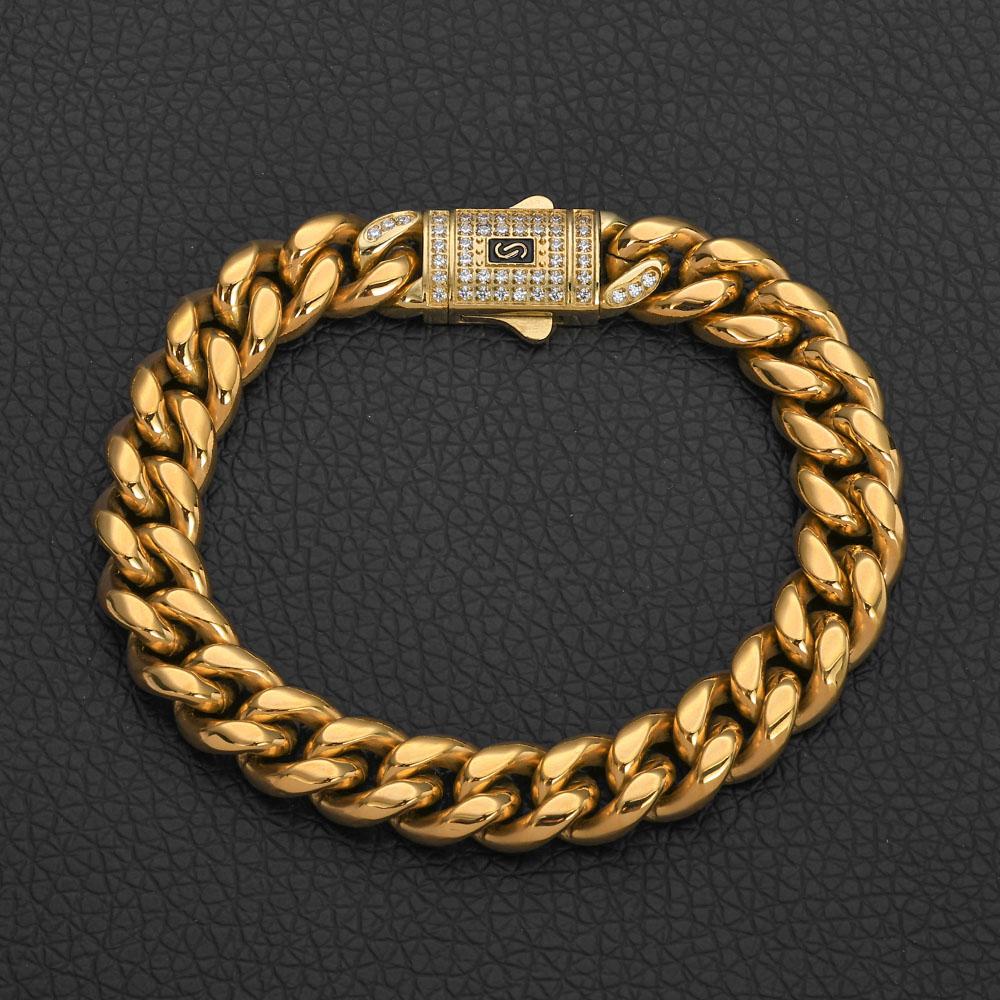 Stainless Steel Bracelet Miami Cuban Plated 14K Gold CNC Men's Jewelry High Polished 14MM Chain Luxury Gift