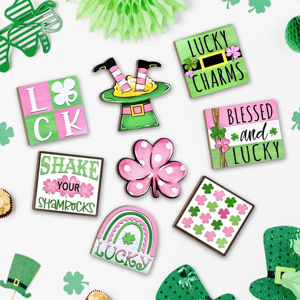 St. Patrick's Day Tiered Tray Decor, Pink Green Farmhouse Tray Decorations, Lucky Polka Dot Shamrock Clover Top Hat Wooden Signs, Rustic Spring
