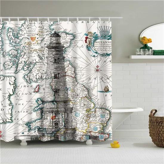 Vintage Style Map Anchor Cowboy Printed Shower Curtains With 12 Hooks Waterproof Polyester Decorative Bathroom Curtains