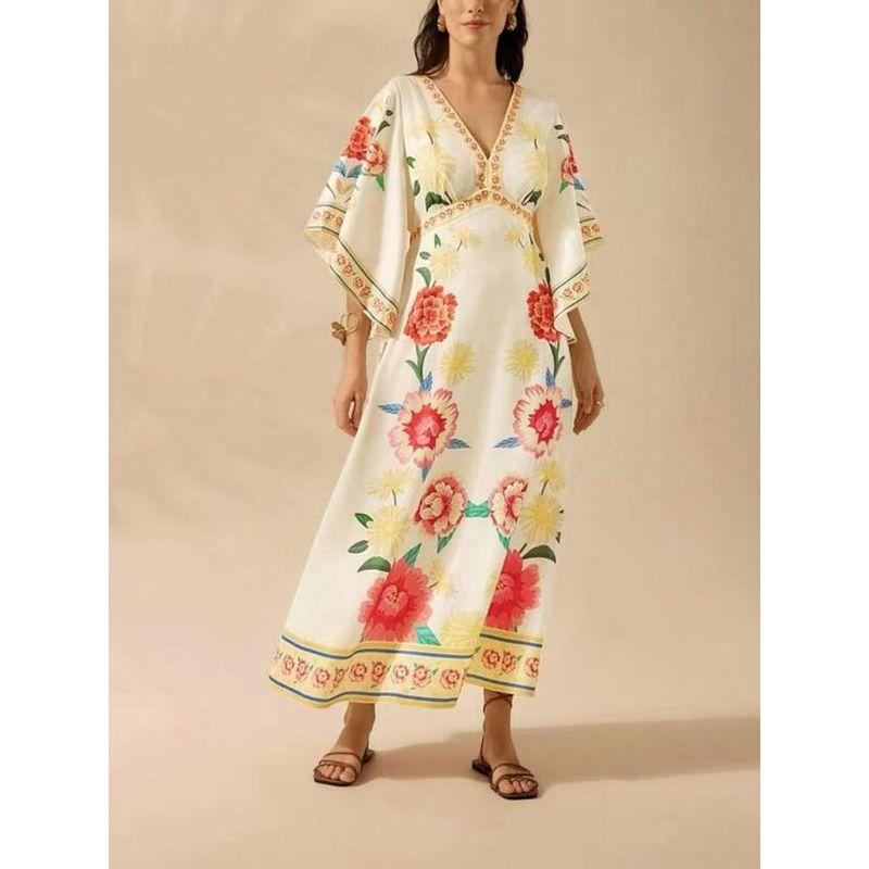 Amazon Vacation 2025 Summer New V-neck Fashion Loose Print High Waist Long Dress Women Dress