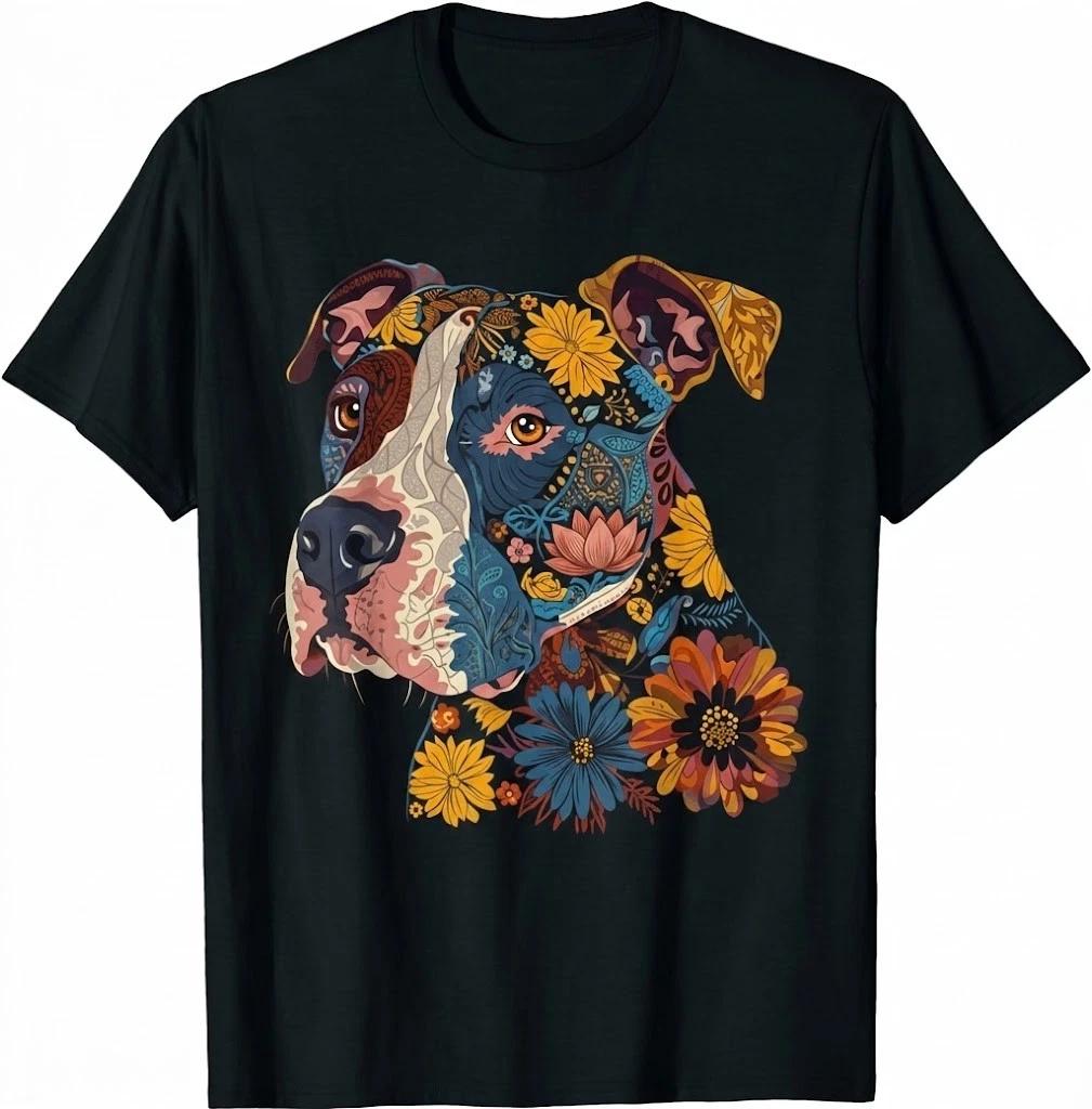Pitbull Floral Dog Lover Vintage Flower Art Pitbull Mom Dad T-Shirt XL