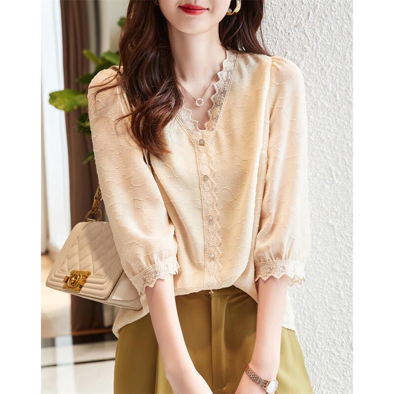 DME French Style V-Neck Seven-Point Sleeve Lace Jacquard Shirt