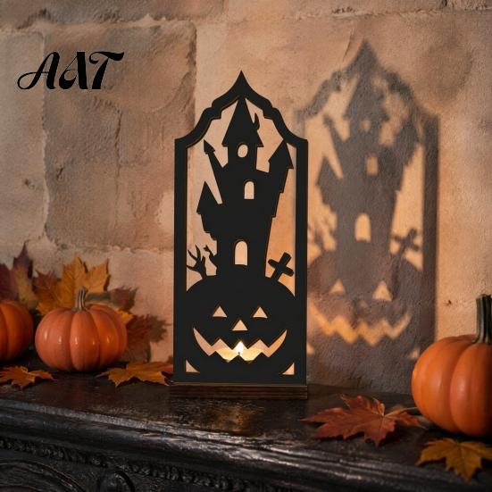 Halloween Table Centerpiece Candle Holder, Gothic Hollow Silhouette Holder for Tea Lights, Dark Bat Shaped Light Style Pumpkin Ghost Cat Tabletop
