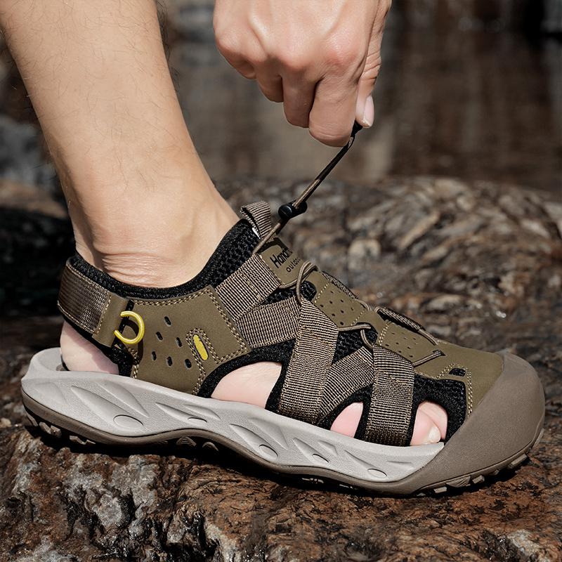 Letní pánské duté kožené plážové sandály s čepicí na špičku venkovní sportovní boty ručně vyráběné síťované boty