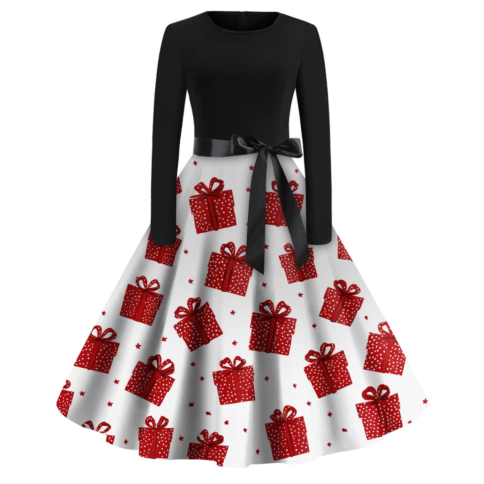 

Женское модное повседневное платье приталенного кроя с круглым вырезом, рождественским принтом и длинными рукавами XL белый