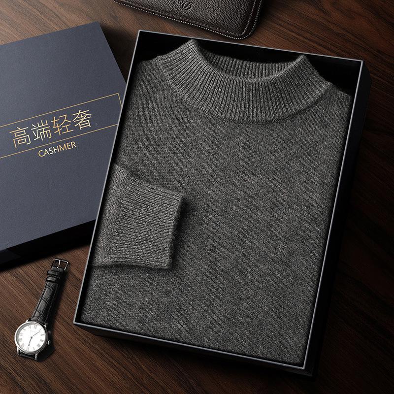 Men's Double-Thick Lamb Cashmere Sweater, Solid Color, Round Neck, Autumn/Winter Base Layer.