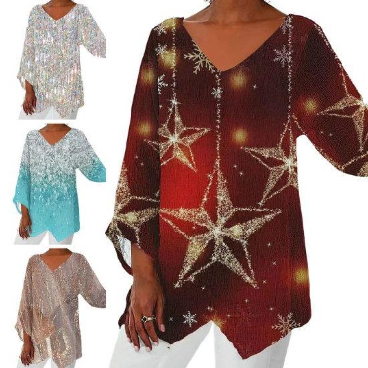 Plus Size Women Casual Loose V Neck Long Sleeve T-shirt with Flower Print Irregular Hem Color Matching Pullover for Spring Fall