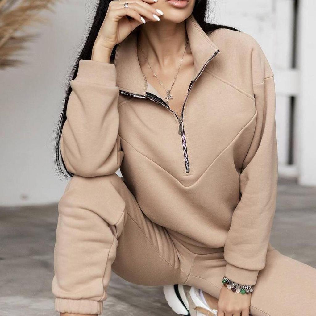 Kvinner Ensfarget Langermet Stativ Krage Hettegensere Dress Høst Vinter Løs Topp Bukser med brede ben