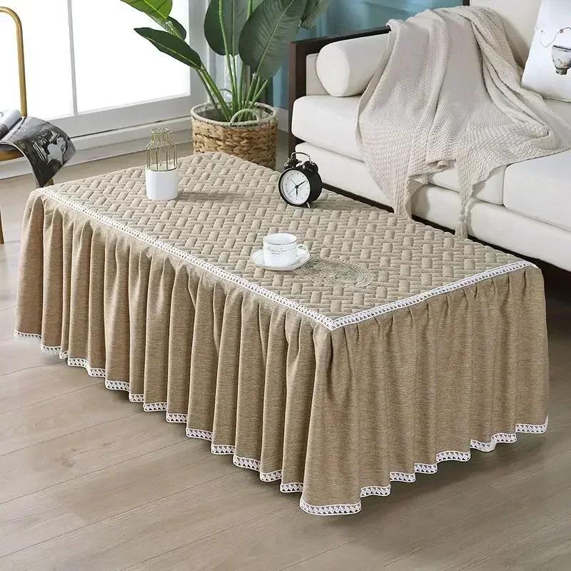 Velvet Checkered Tablecloth Lace Edge Large Skirt Hem Table Cover Embroidered Patches Tea Table Home Dust Covers