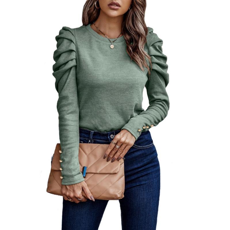 Women's New Autumn Round Neck Bubble Sleeve Button Long Sleeve Top