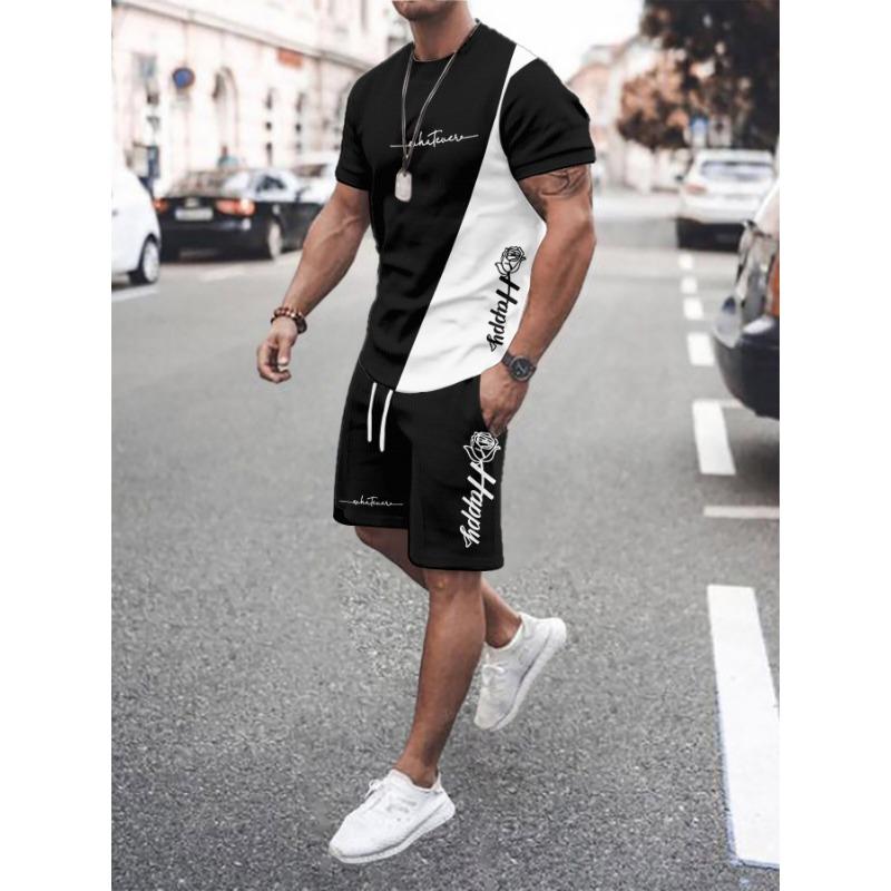 Men s 3D Rose Print Short-sleeved Round Neck T-shirt Shorts Suit | Casual Street Style S
