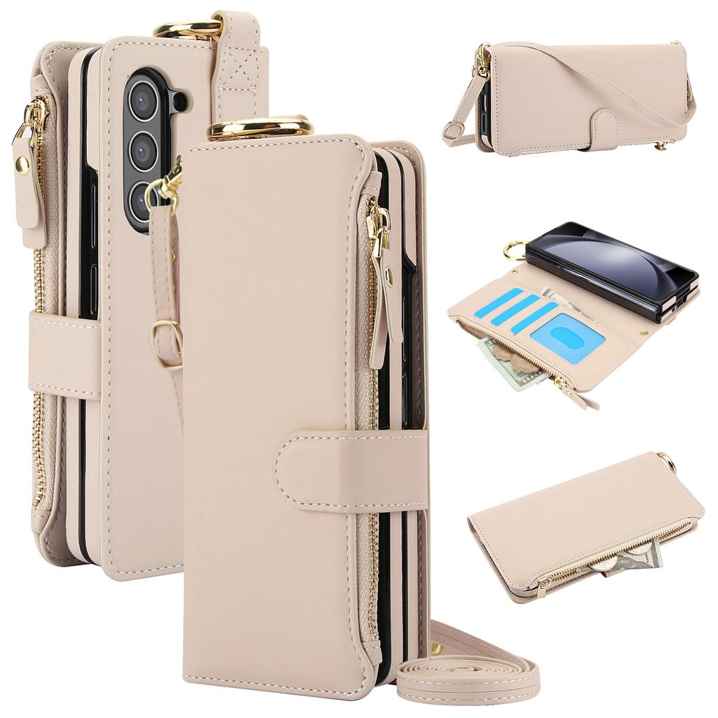 Crossbody Leather Phone Case with Card Holder Zipper Wallet Wristband for Samsung Galaxy Z Fold 7 6 5 4 3 Kickstand Cover