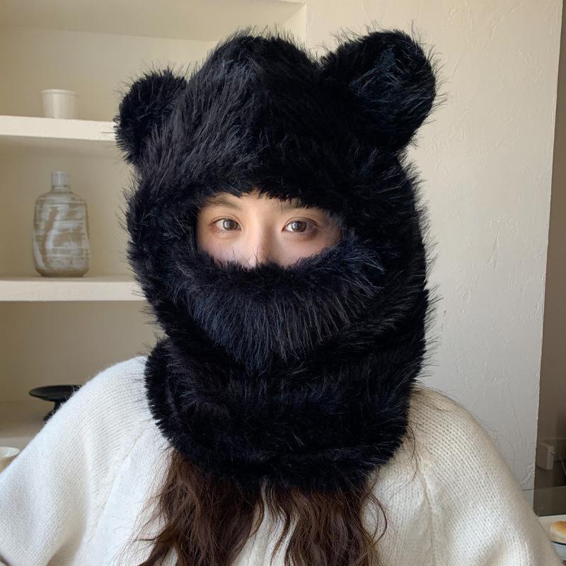Hat Women's Winter Cute Bear Ears Can Be Used As A Scarf To Prevent Cold and Warm All In One Hat Casual Versatile Plush Toe Cap