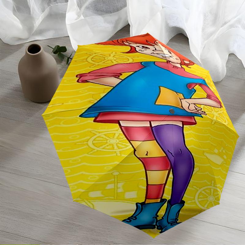 Pippi Longstocking Theme Automatic Umbrella, Lightweight & Portable, 8 Rib, Perfect for Outdoor Travel, Birthdays, Christmas, Gifts.