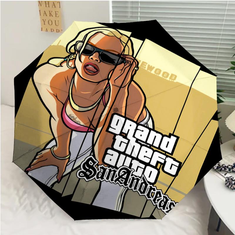 Game Grand Theft Auto Print Automatic Umbrella, 8 Rib Iron Frame, Plastic Handle, Suitable for Outdoor Travel &Daily , Ideal Gift