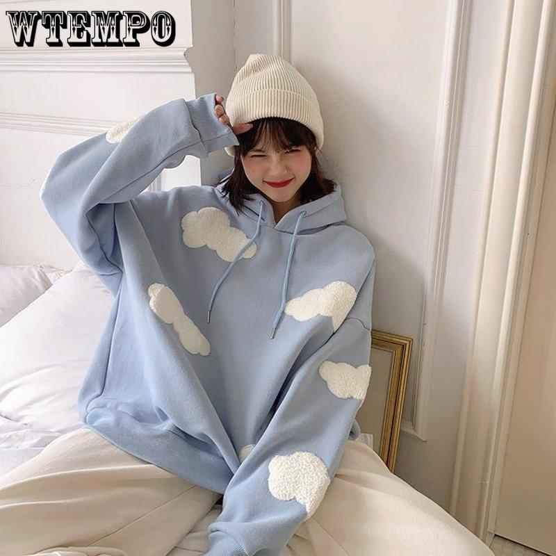 Koreanisches Sweatshirt Damen Winter Wolken Pullover Damen Plus Samt Warm Langarm Oberteile Lässige Kapuzenpullover