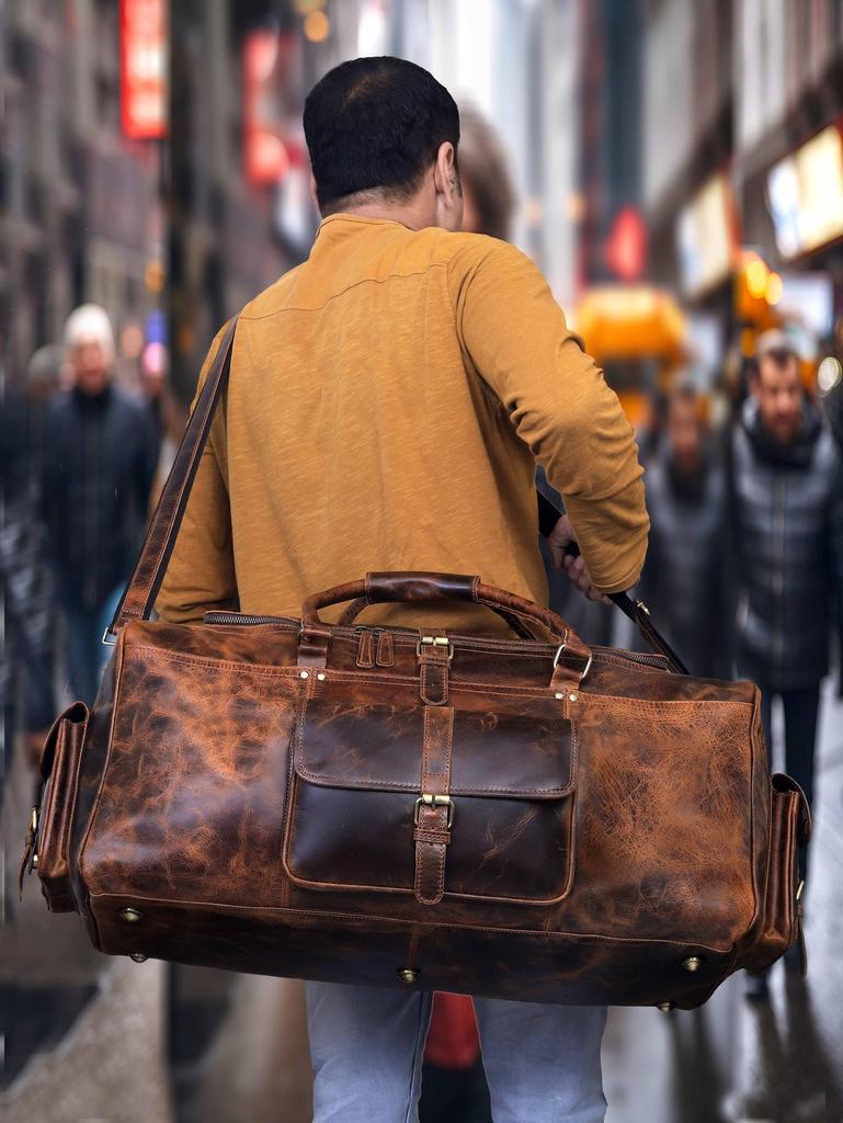 Personalized Full Grain Leather Duffle Bag: Travel Weekender Carry-on