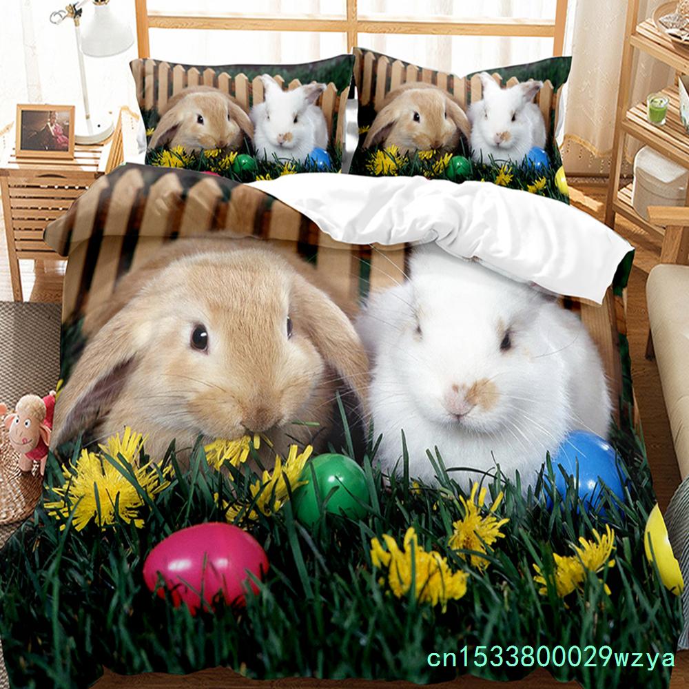 Cute Rabbit Duvet Cover Set Animals Polyester Comforter Cover King Queen Size For Kids Boys Girls Bedding Set With Pillowcase