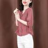 Summer Women's Shirt Three-quarter Sleeve Plaid Shirt Retro Top Casual Blouse