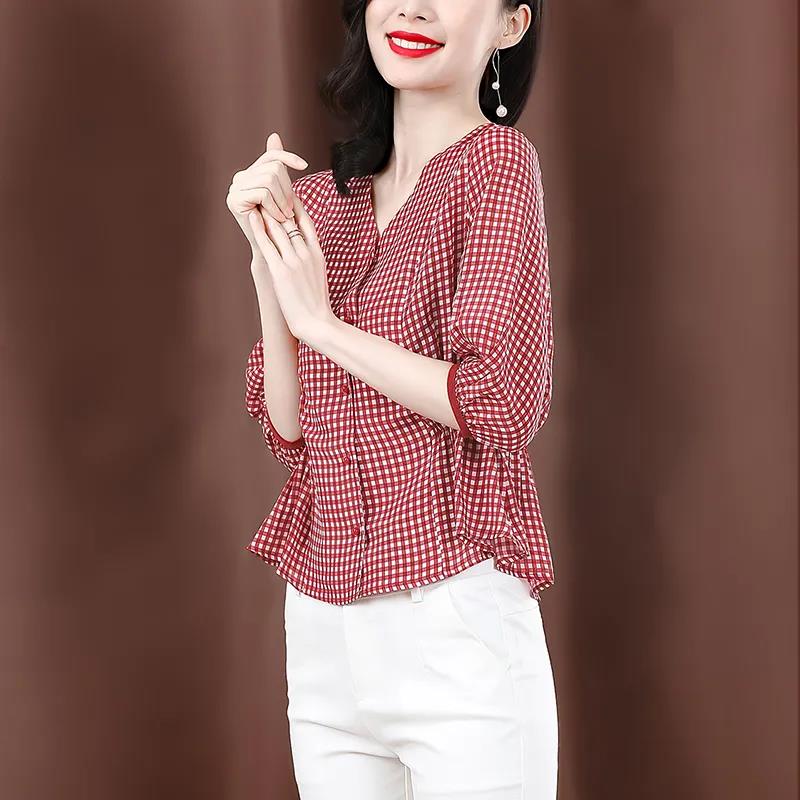Summer Women's Shirt Three-quarter Sleeve Plaid Shirt Retro Top Casual Blouse