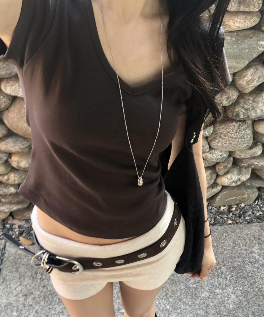 Kyuliti C 90S Line V-Neck Half-Sleeve T-Shirt_Brown