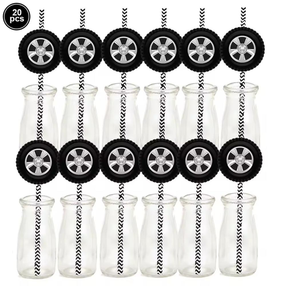 

20pcs Funny Wheel Tire Paper Straws Food Grade Racing Theme Straws For Kids Racing Birthday Party Style 3