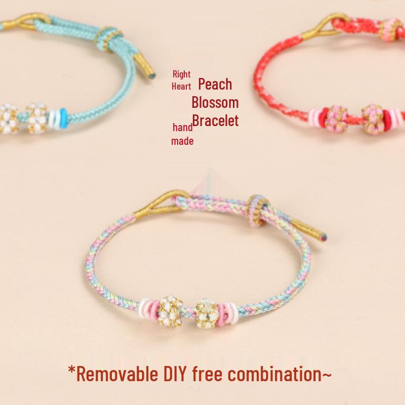 Handmade Peach Blossom Knot Bracelet with Beads: Semi-Finished Red Rope DIY Luck Charm for Couples