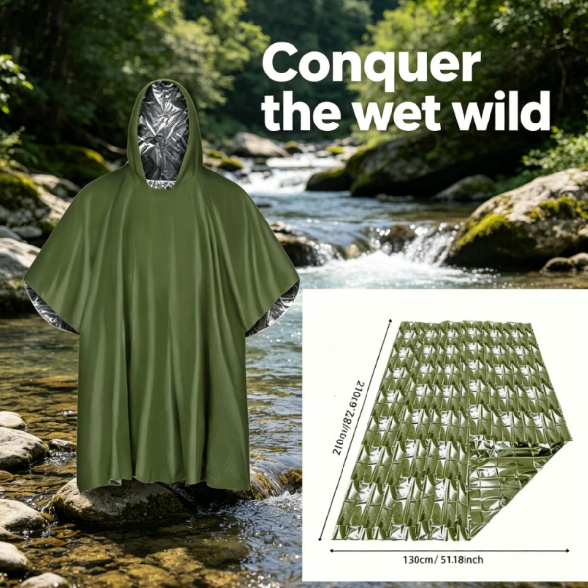 Outdoor Waterproof Emergency Poncho Lightweight Foil Thermal Blanket Multifunctional Survival Gear forTravel Adventure Emergency зелёный